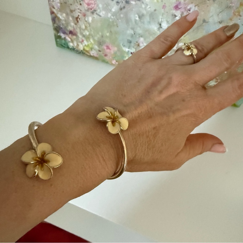KABANA Floral Plumeria Cuff Bracelet and Ring Set
